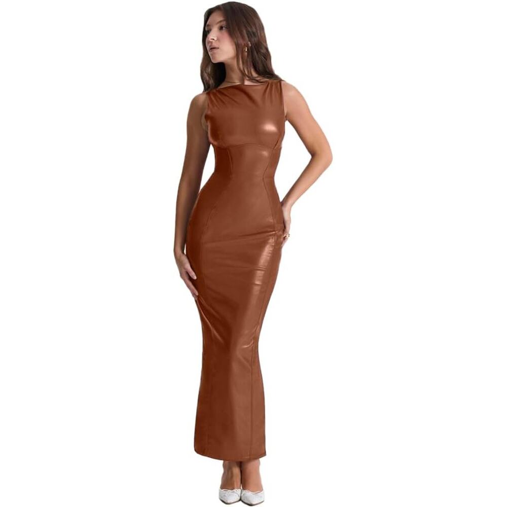 XLLAIS Faux PU Leather Bodycon Midi Dress Boatneck Brown